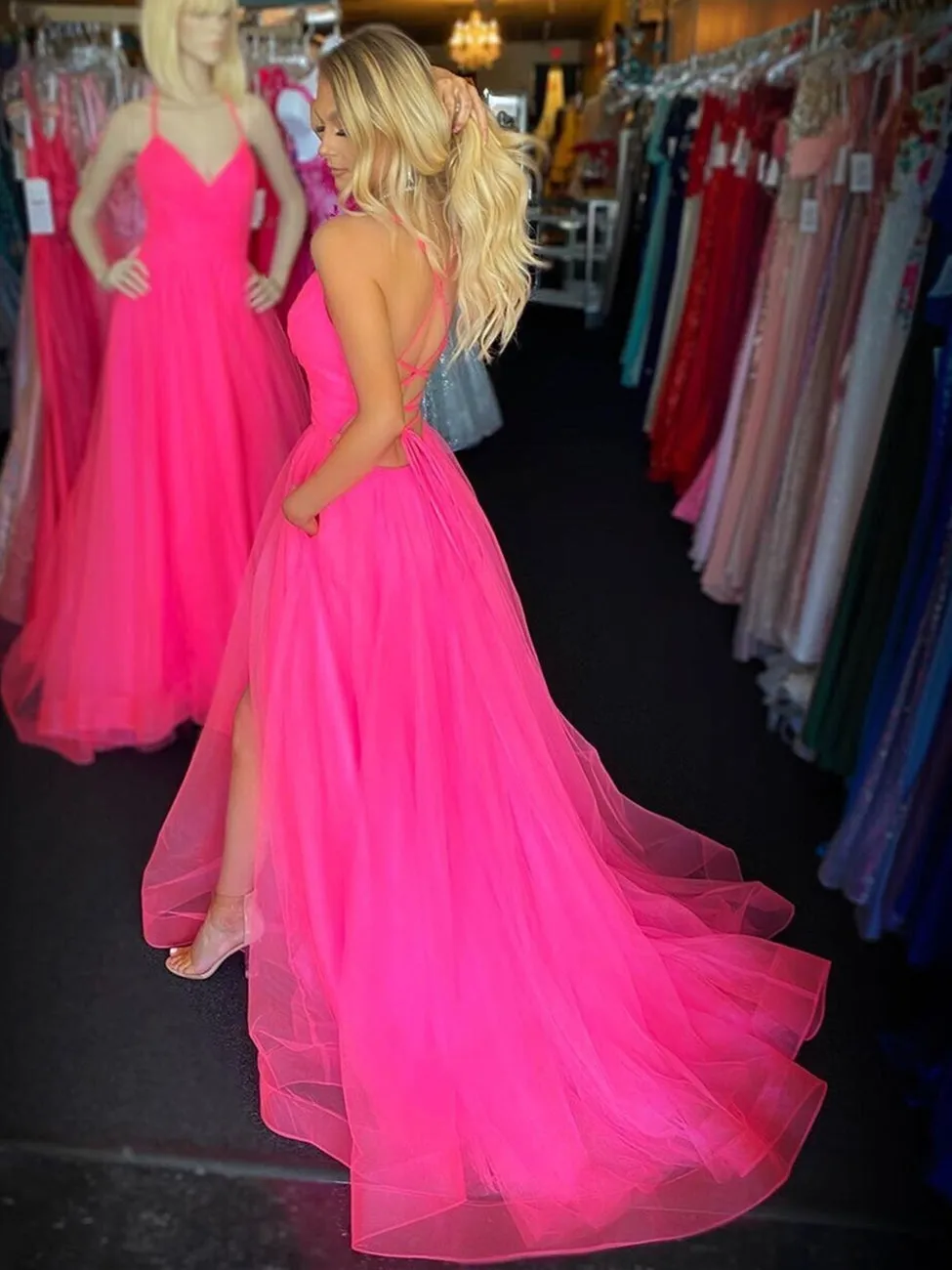 Stylish V Neck Backless Hot Pink Prom 2020, Leg Slit Open Back Hot Pink Formal, Backless Hot Pink Evening