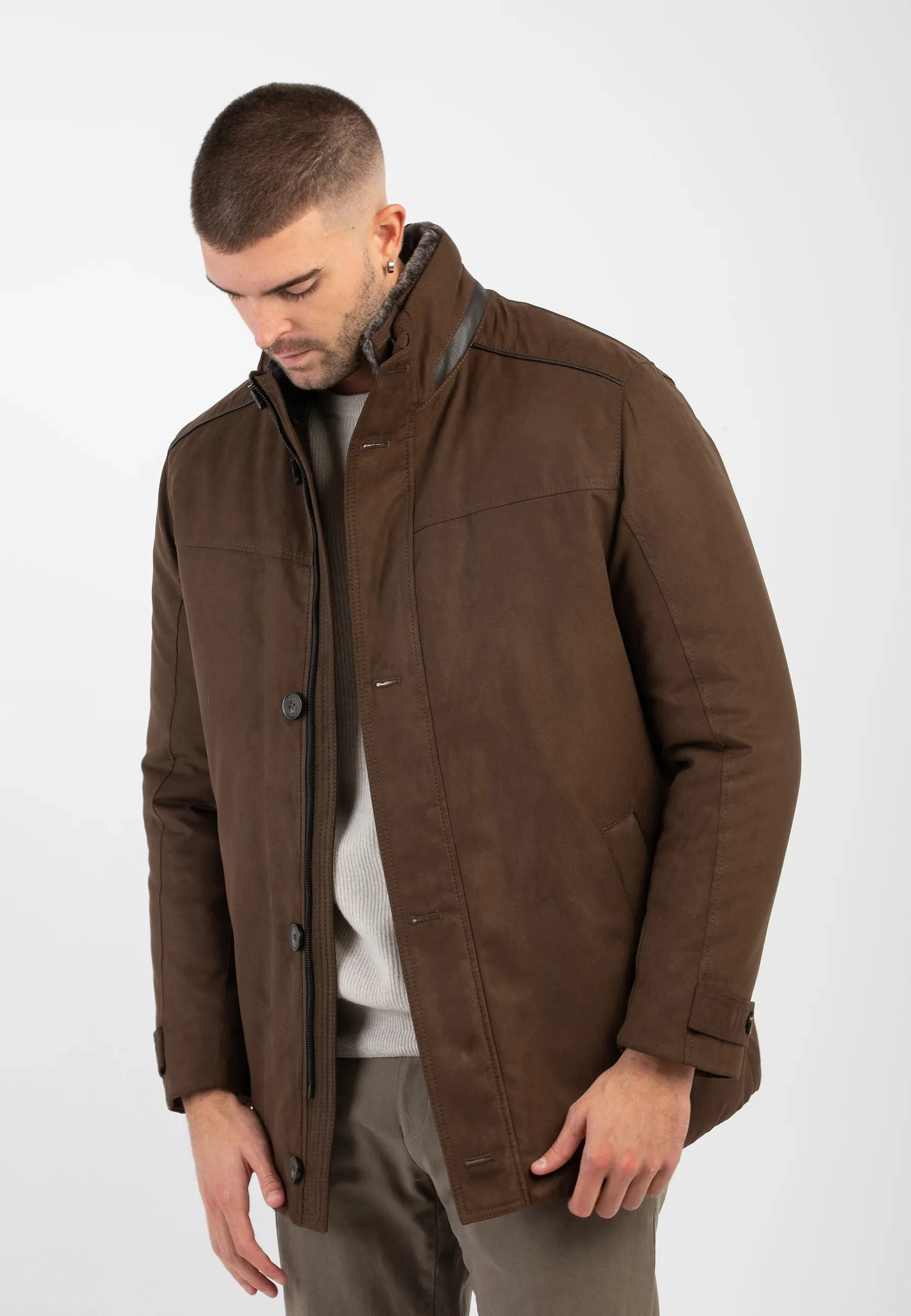 Suede Stand Collar Jacket - Brown