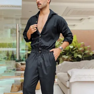 Summer Thin Men\'s Cargo Jumpsuit Pants Overalls Fashion Long Sleeve Lapel Button-Down Rompers Solid Color Workwear Pants