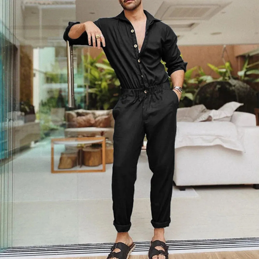 Summer Thin Men\'s Cargo Jumpsuit Pants Overalls Fashion Long Sleeve Lapel Button-Down Rompers Solid Color Workwear Pants