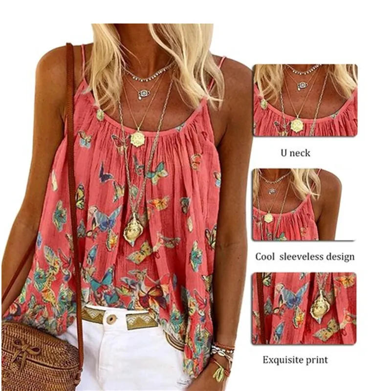 Summer Women's Butterfly Print Round Neck Sleeveless Camisole