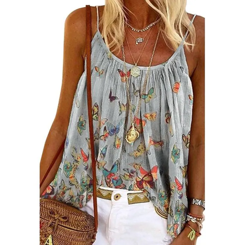 Summer Women's Butterfly Print Round Neck Sleeveless Camisole