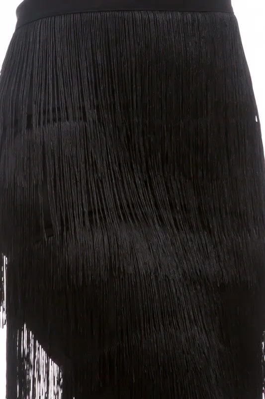 TEEK - BLACK TIERED FRINGE LONG SKIRT