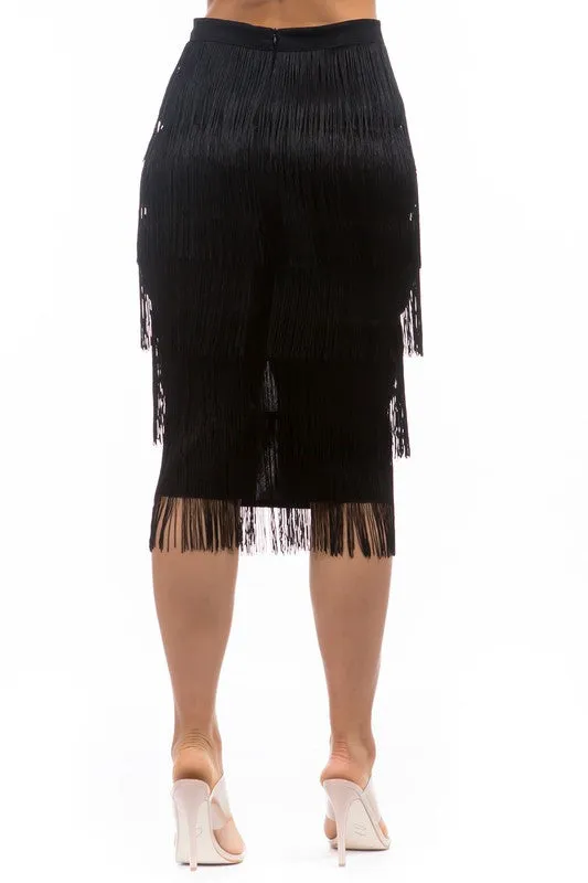 TEEK - BLACK TIERED FRINGE LONG SKIRT