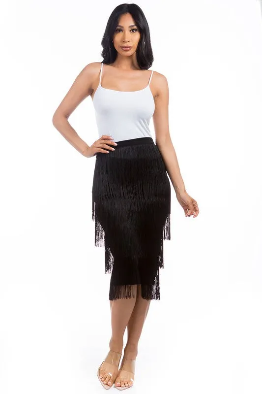 TEEK - BLACK TIERED FRINGE LONG SKIRT