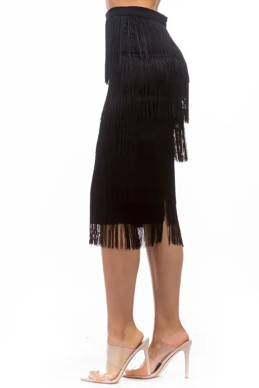 TEEK - BLACK TIERED FRINGE LONG SKIRT