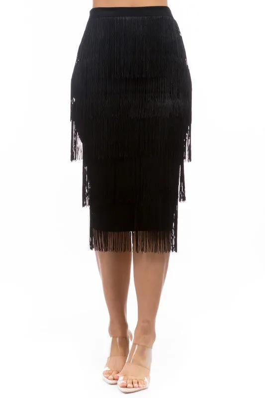 TEEK - BLACK TIERED FRINGE LONG SKIRT