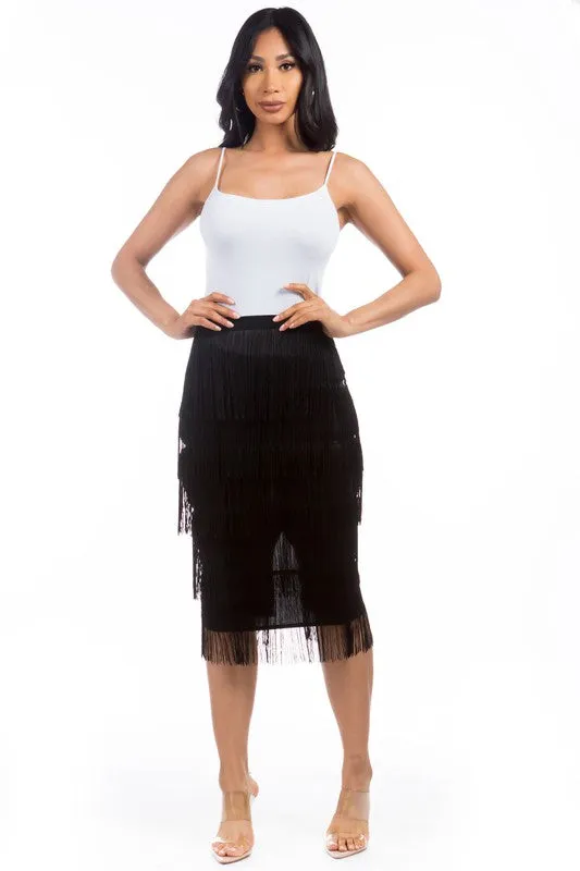 TEEK - BLACK TIERED FRINGE LONG SKIRT