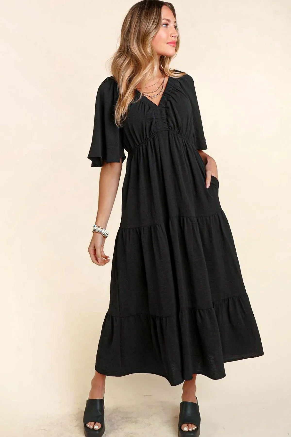 The Brunch Dress - Tiered Babydoll Maxi Dress - Black