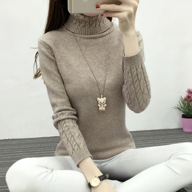 Thicken Warm Knitting Sweaters And Pullovers For Women 2017 Spring Autumn Casual Elastic Turtleneck Long Sleeve Knitwear Female