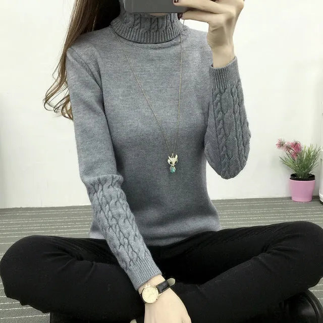 Thicken Warm Knitting Sweaters And Pullovers For Women 2017 Spring Autumn Casual Elastic Turtleneck Long Sleeve Knitwear Female