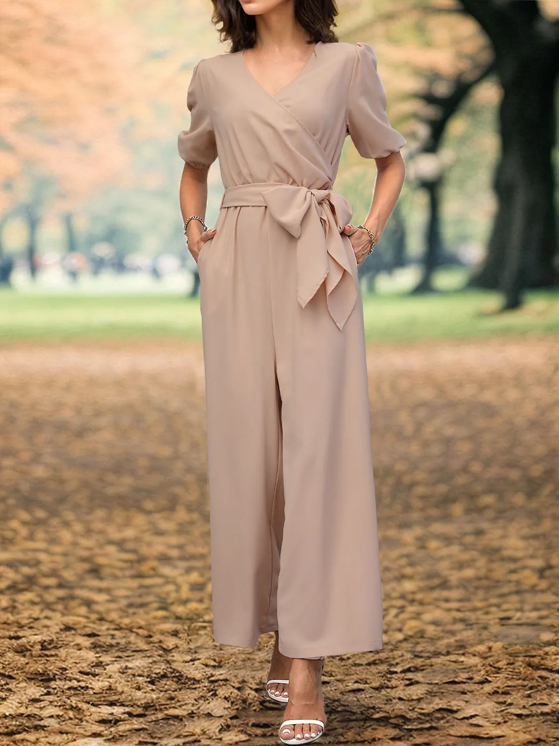 Tied Short Sleeve Wide Leg Jumpsuit