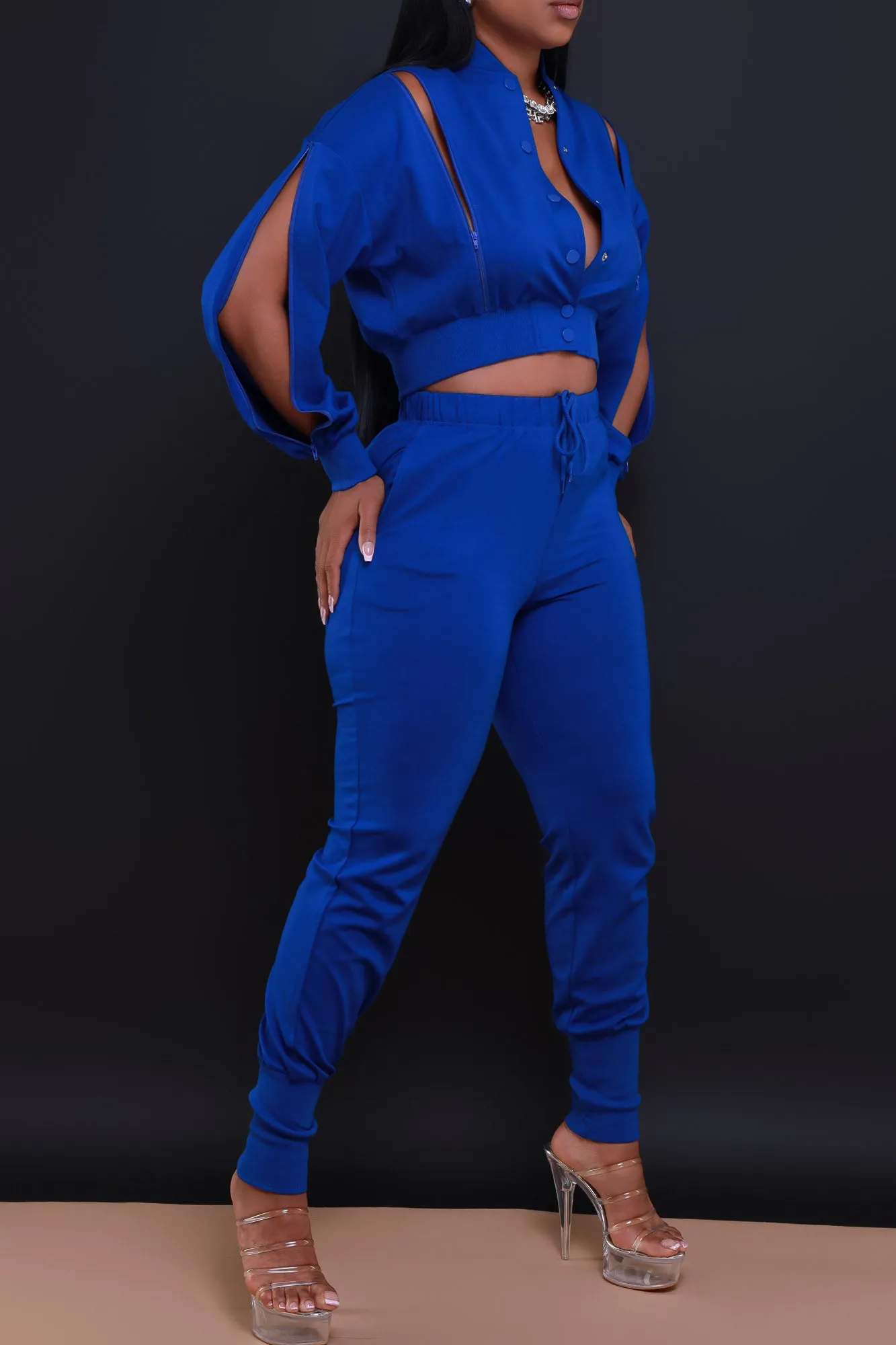 Top Priority Zippered Cropped Jogger Set - Royal Blue