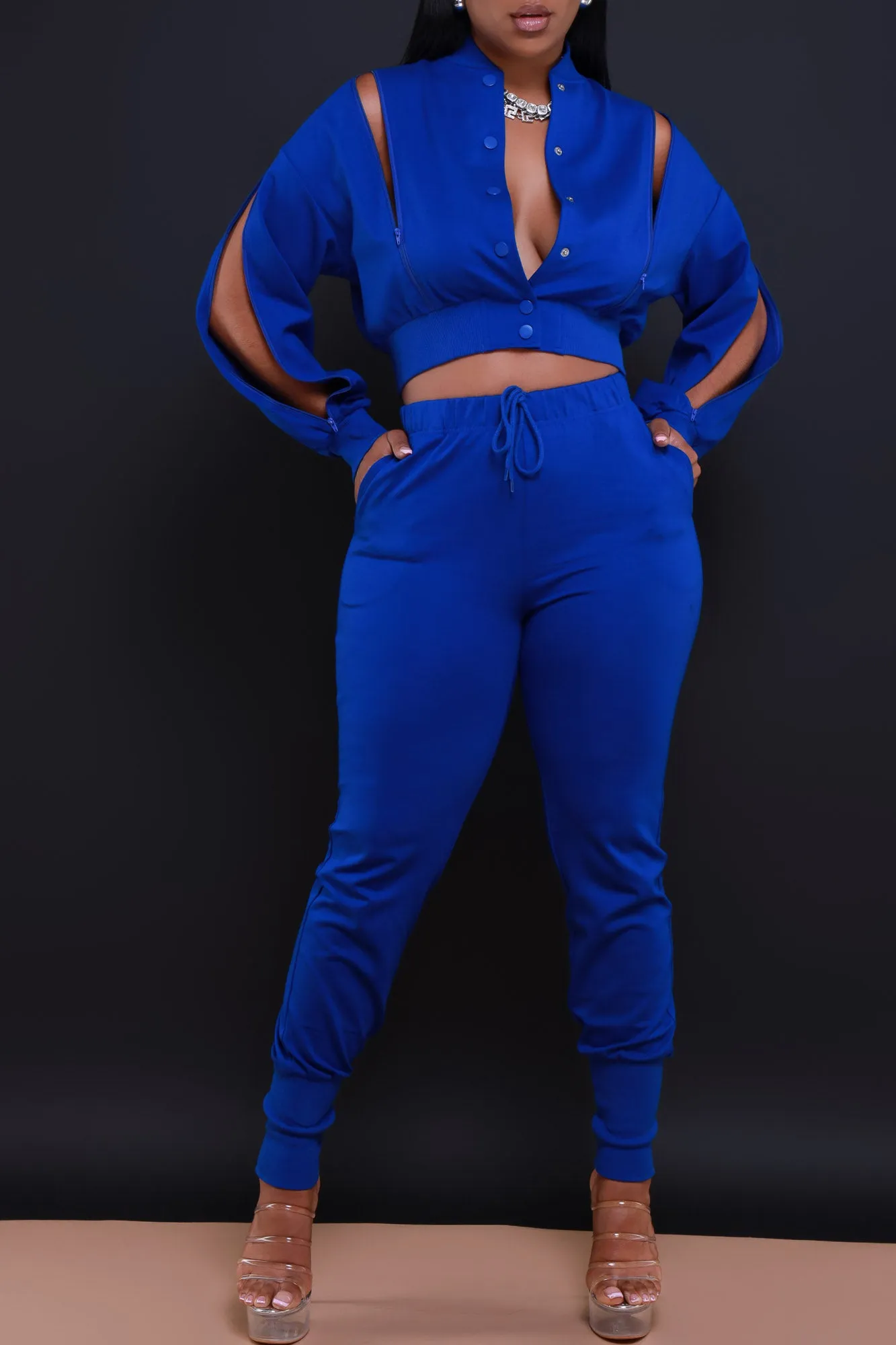 Top Priority Zippered Cropped Jogger Set - Royal Blue