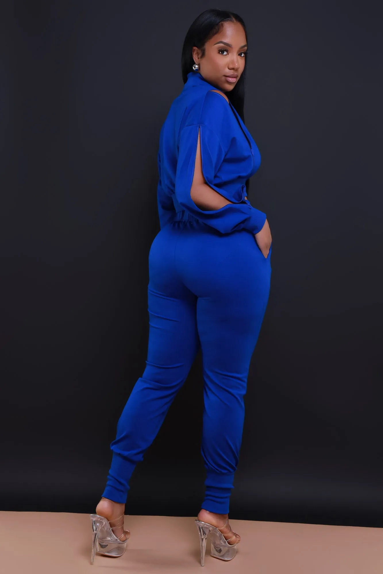 Top Priority Zippered Cropped Jogger Set - Royal Blue