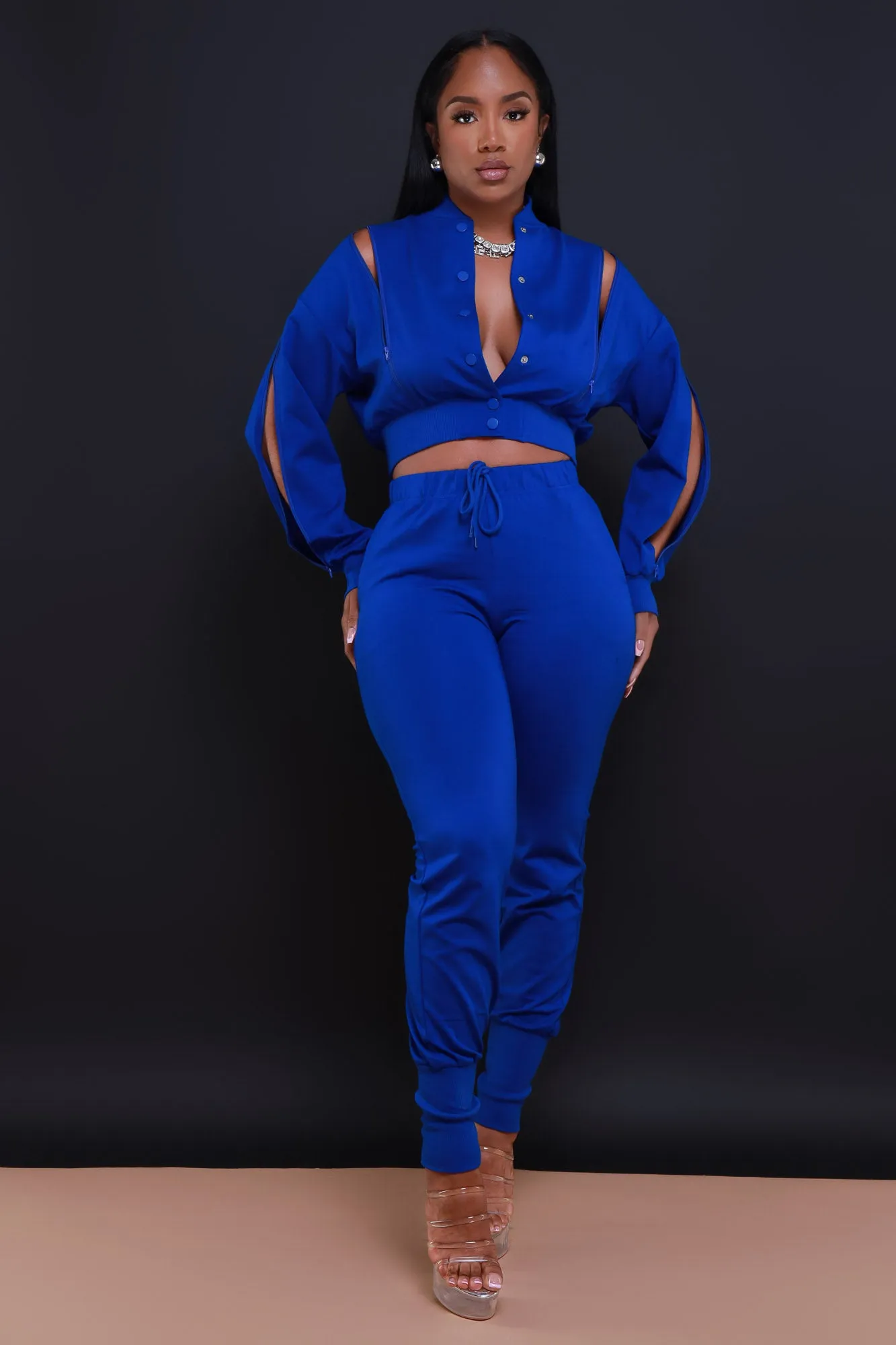 Top Priority Zippered Cropped Jogger Set - Royal Blue