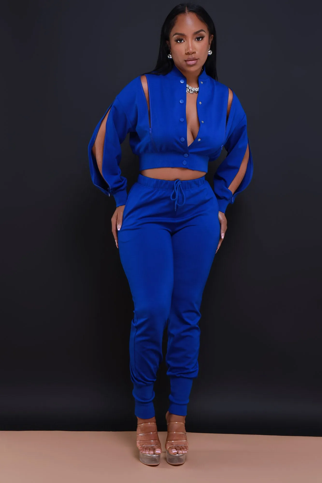 Top Priority Zippered Cropped Jogger Set - Royal Blue