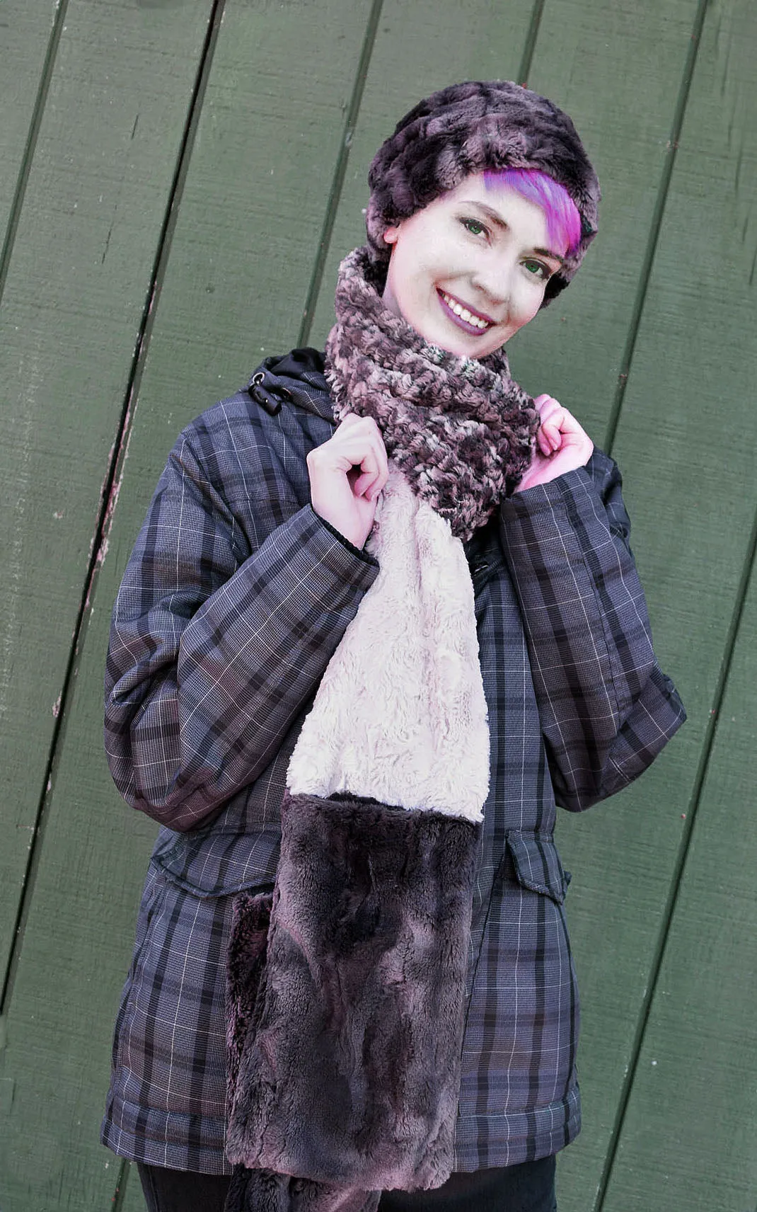 Tri-Color Scarf - Luxury Faux Fur in Calico / Cuddly Sand / Espresso Bean (Two Left!)