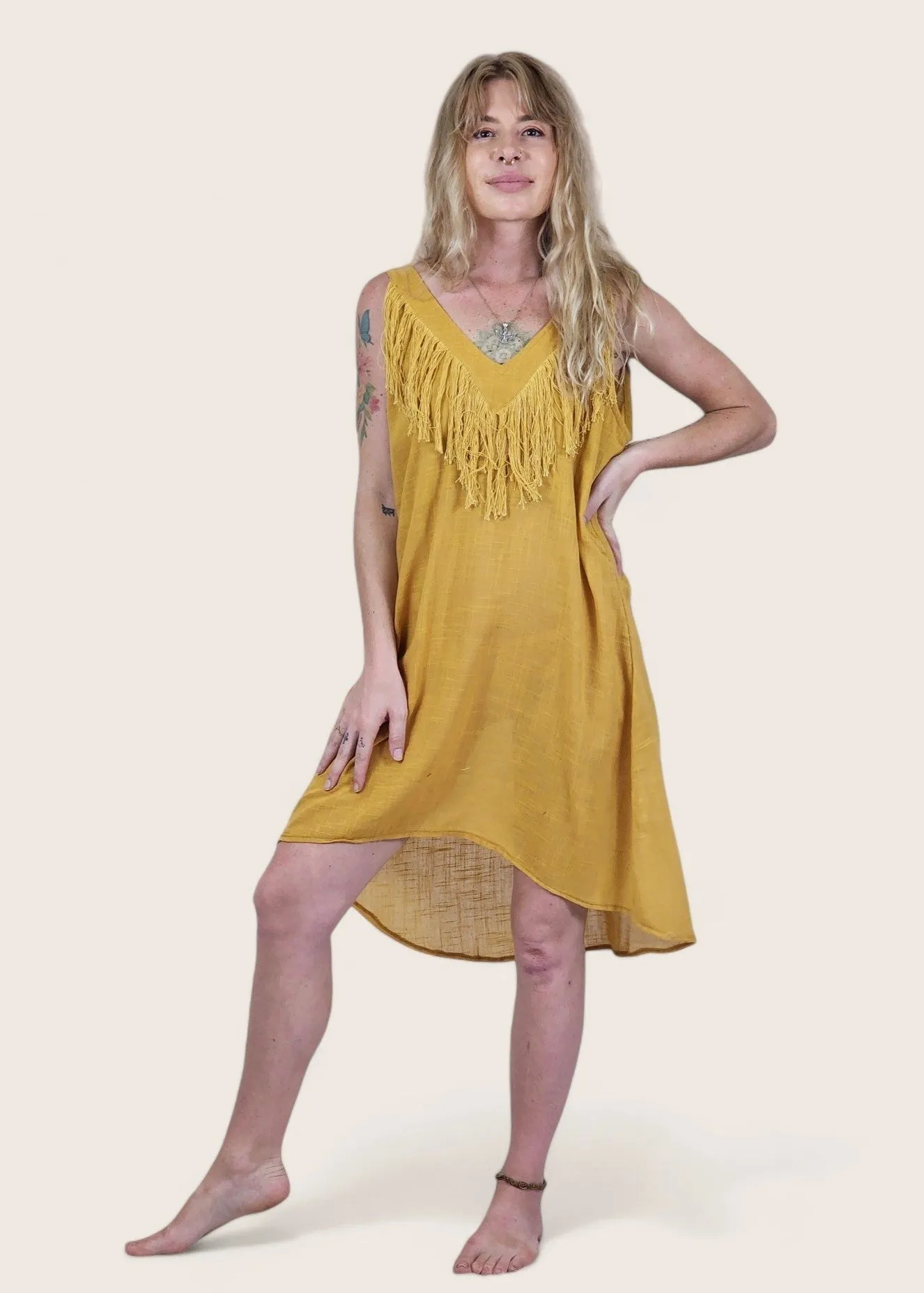 Turmeric Organic Linen Mini Dress with Fringe