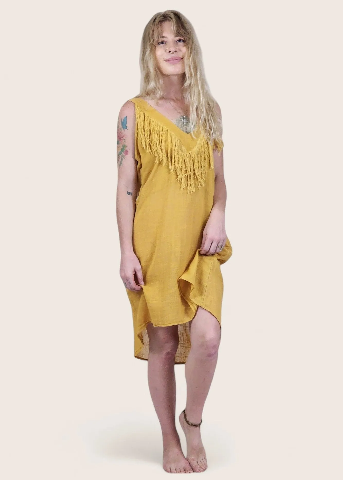 Turmeric Organic Linen Mini Dress with Fringe