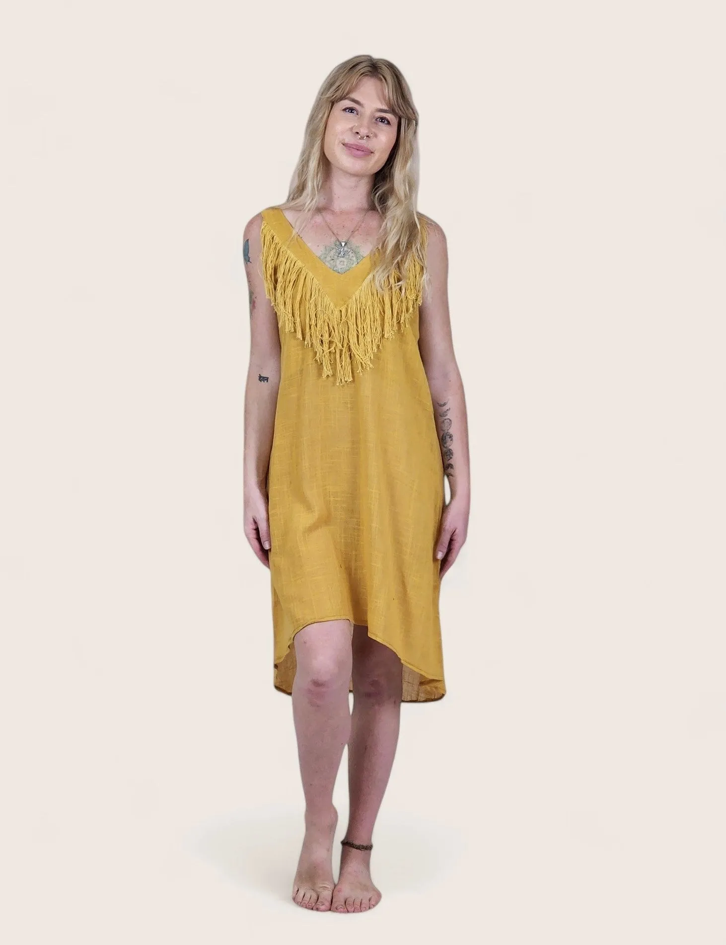 Turmeric Organic Linen Mini Dress with Fringe