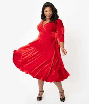 Unique Vintage Plus Size 1940s Red Velvet Kelsie Wrap Dress