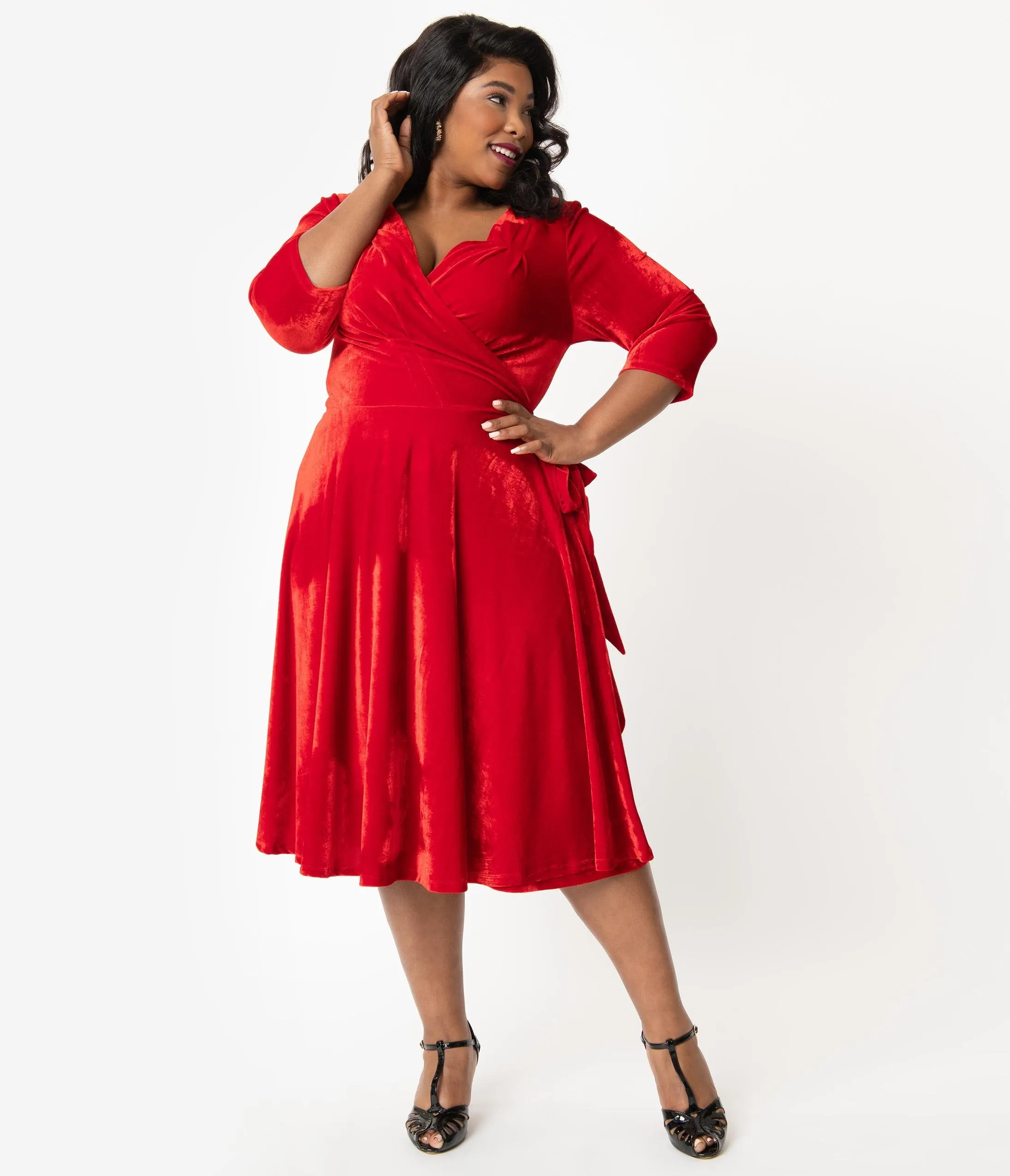 Unique Vintage Plus Size 1940s Red Velvet Kelsie Wrap Dress