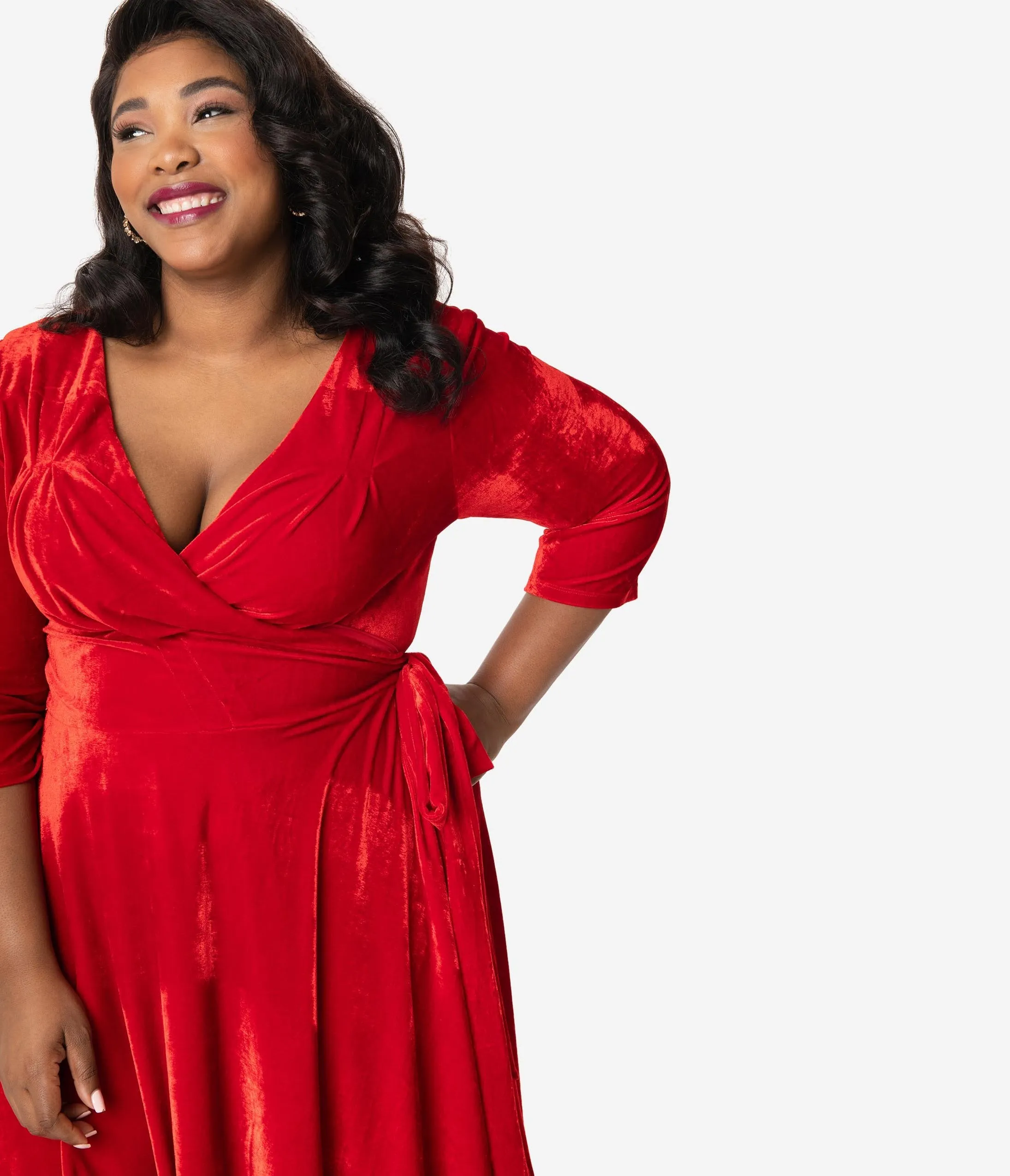 Unique Vintage Plus Size 1940s Red Velvet Kelsie Wrap Dress