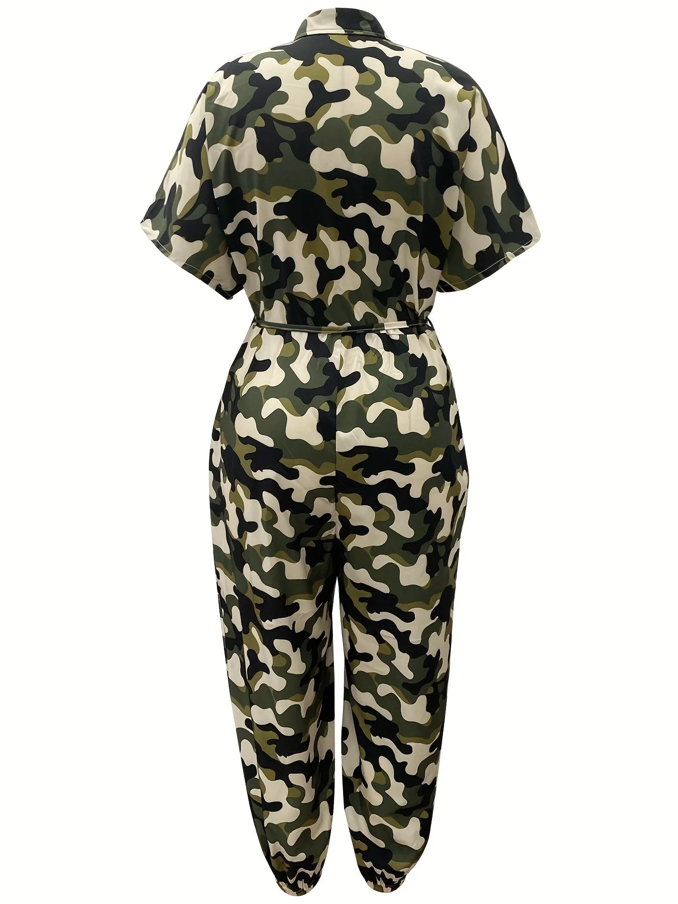 Urban Chic Women's Plus Camo Print Button Up Casual Jumpsuit with Belt