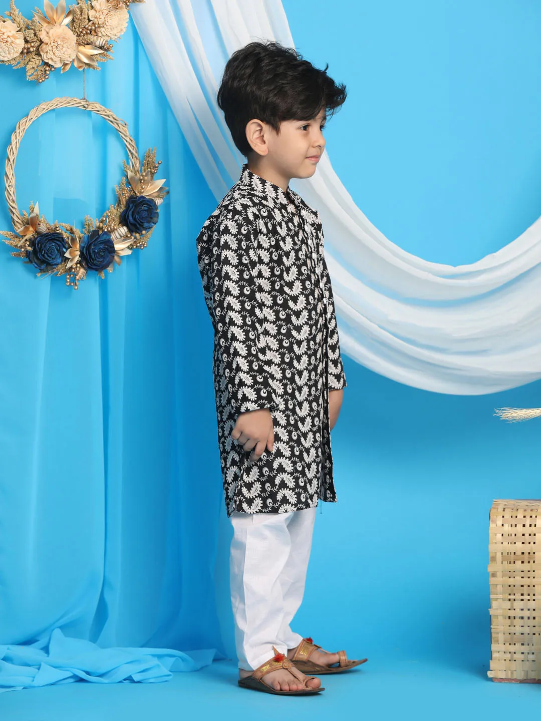 VASTRAMAY Black Pure Cotton Chikankari Siblings Set