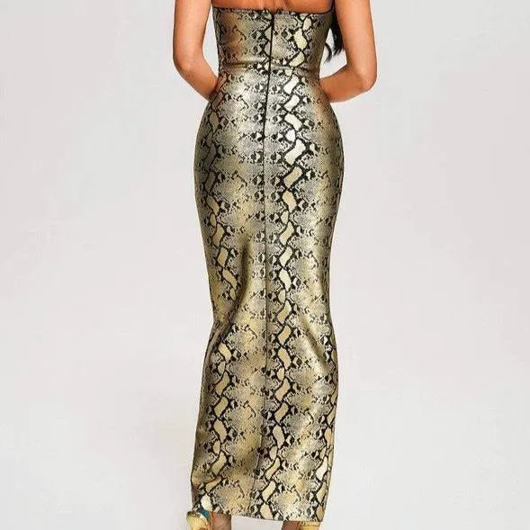 Vickie Strapless Snakeskin Print Front Lace Up Maxi Dress