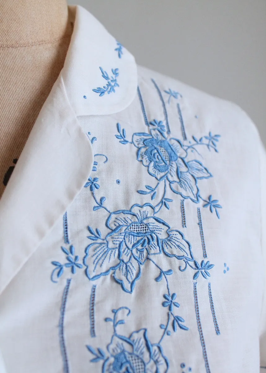 Vintage 1950s White and Blue Embroidered Shirt