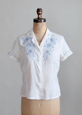 Vintage 1950s White and Blue Embroidered Shirt