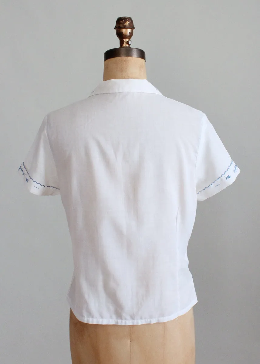 Vintage 1950s White and Blue Embroidered Shirt