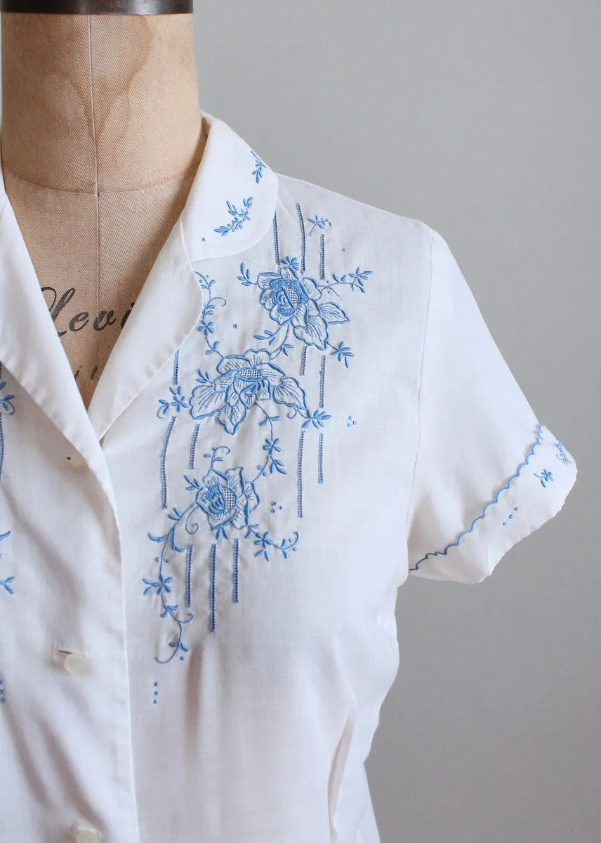 Vintage 1950s White and Blue Embroidered Shirt