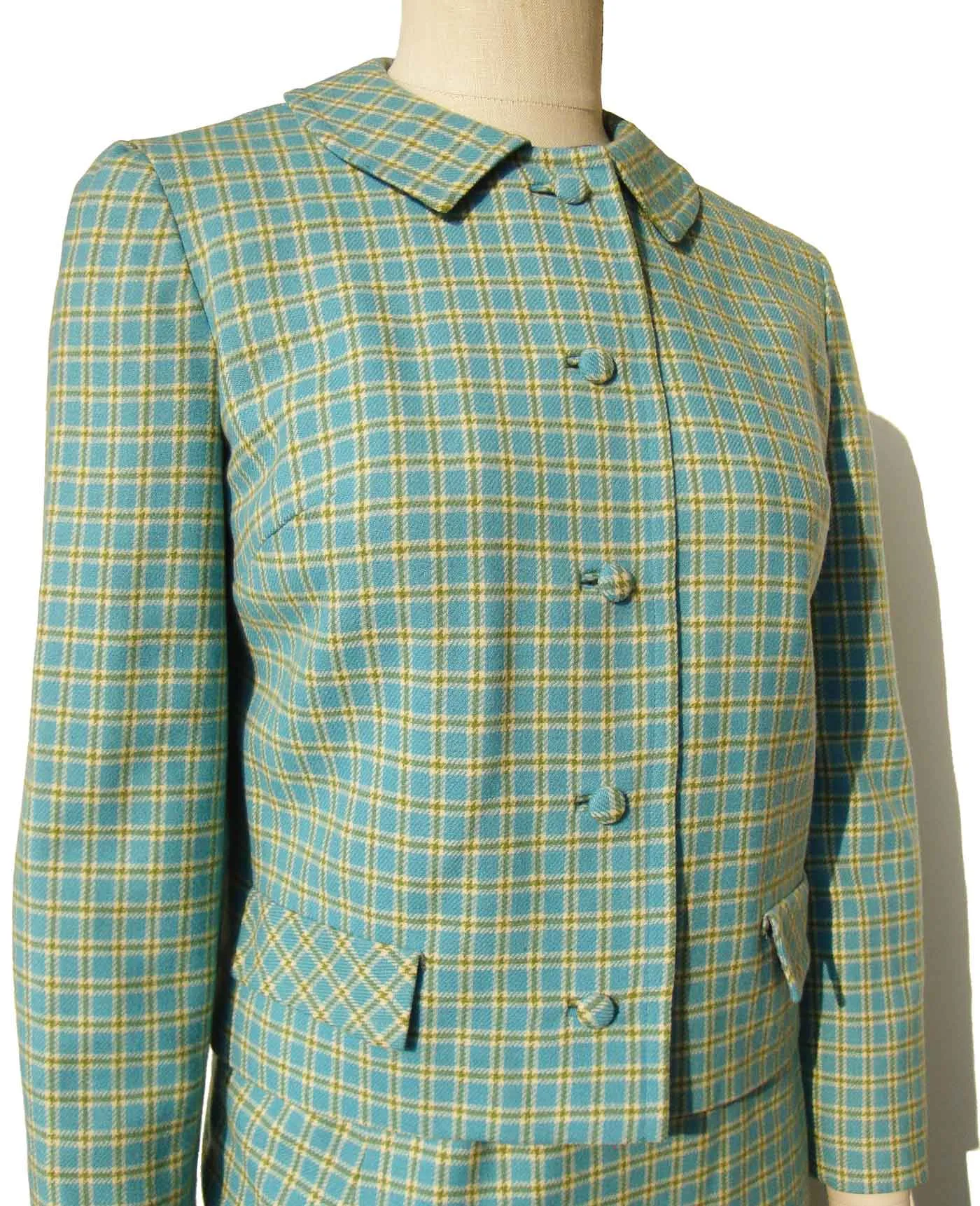 Vintage 60s Pendleton Skirt Suit Turquoise Wool Plaid S / M