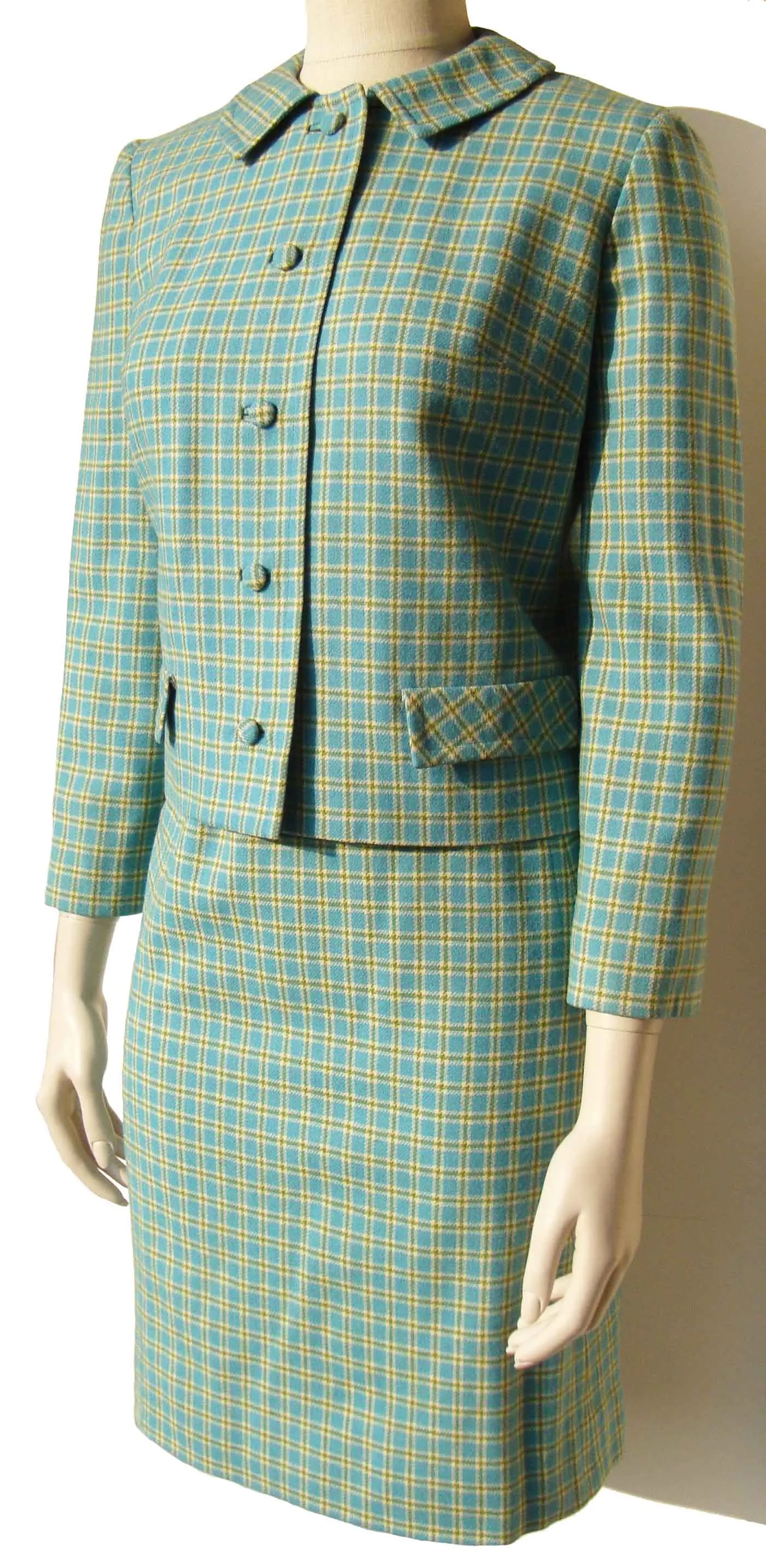 Vintage 60s Pendleton Skirt Suit Turquoise Wool Plaid S / M