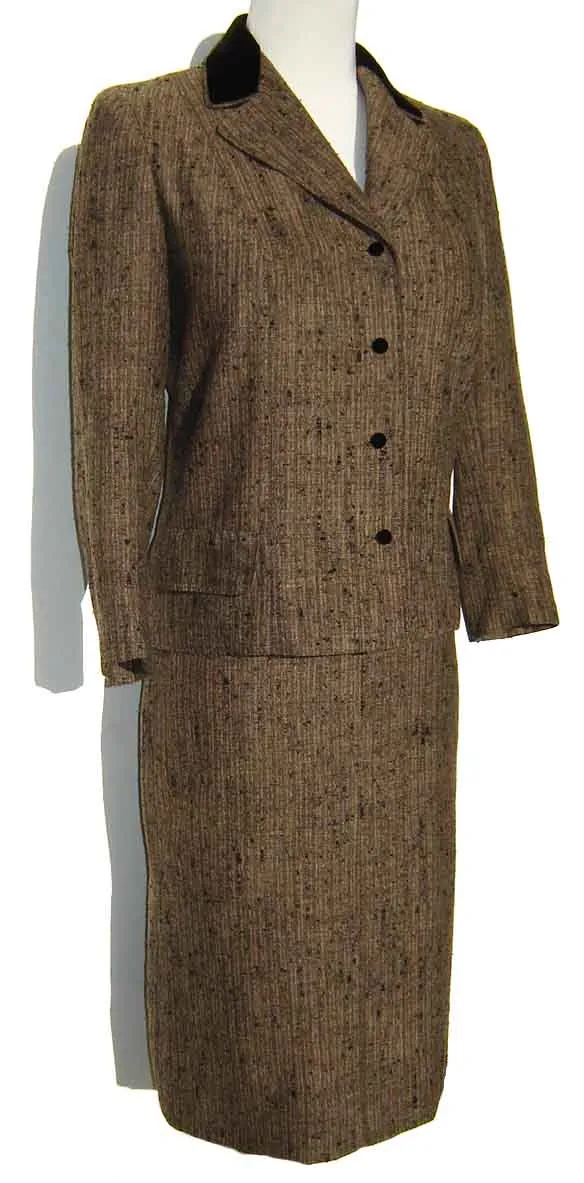 Vintage 60s Suit Vera Maxwell Brown Wool Tweed Jacket & Skirt M