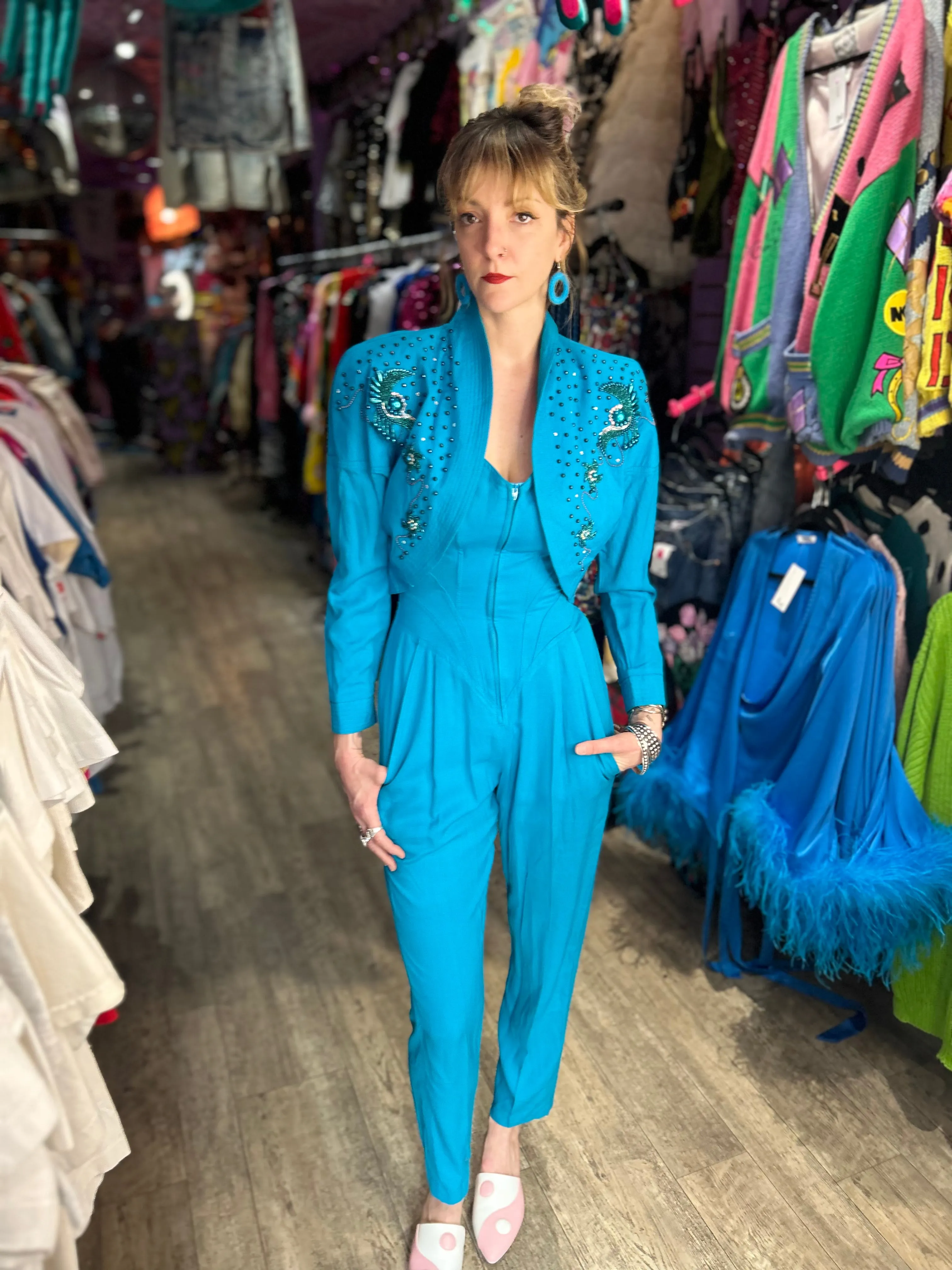 Vintage 80s Blue Beaded Two Piece set