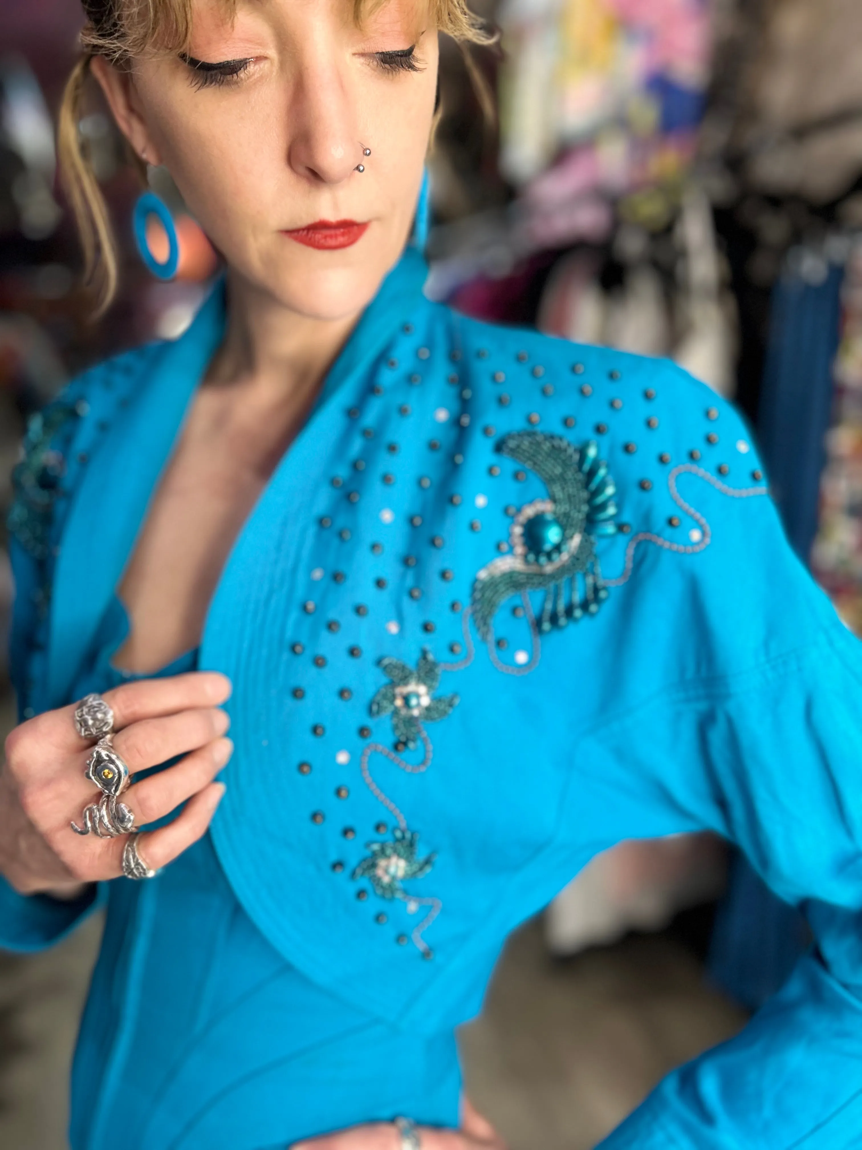 Vintage 80s Blue Beaded Two Piece set