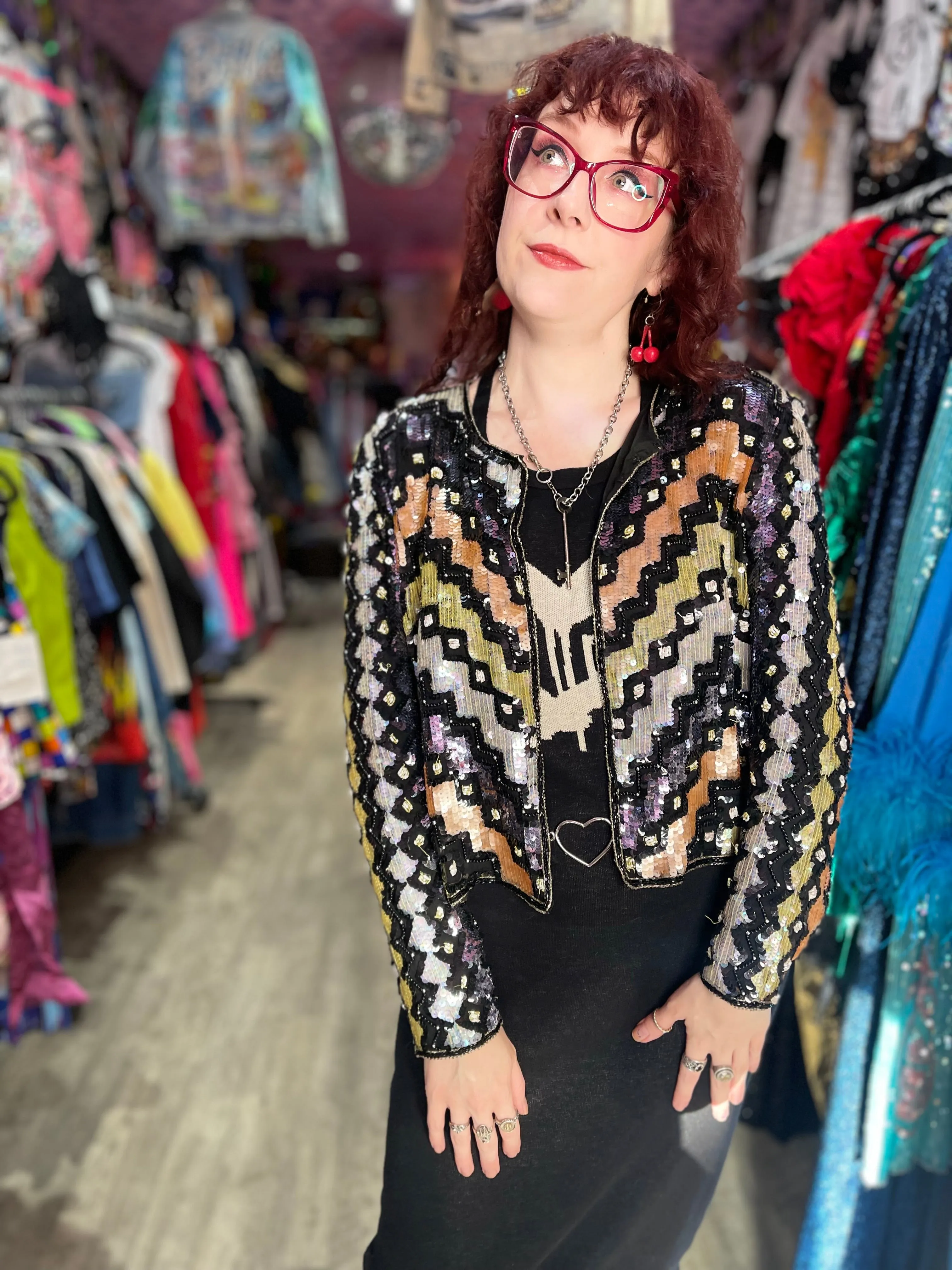 Vintage 90s Geometric Zig Zag Sequin Bolero Jacket