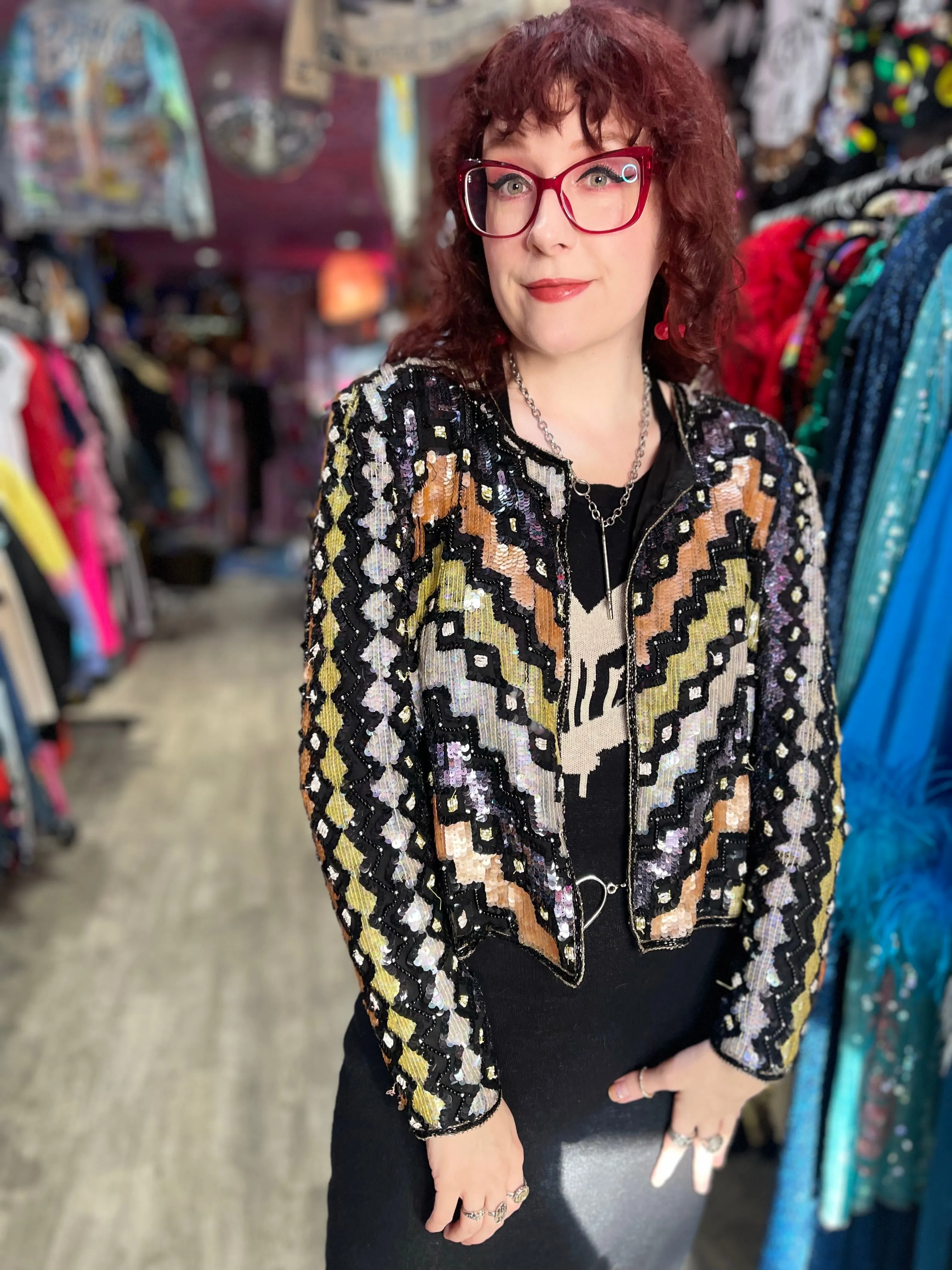 Vintage 90s Geometric Zig Zag Sequin Bolero Jacket