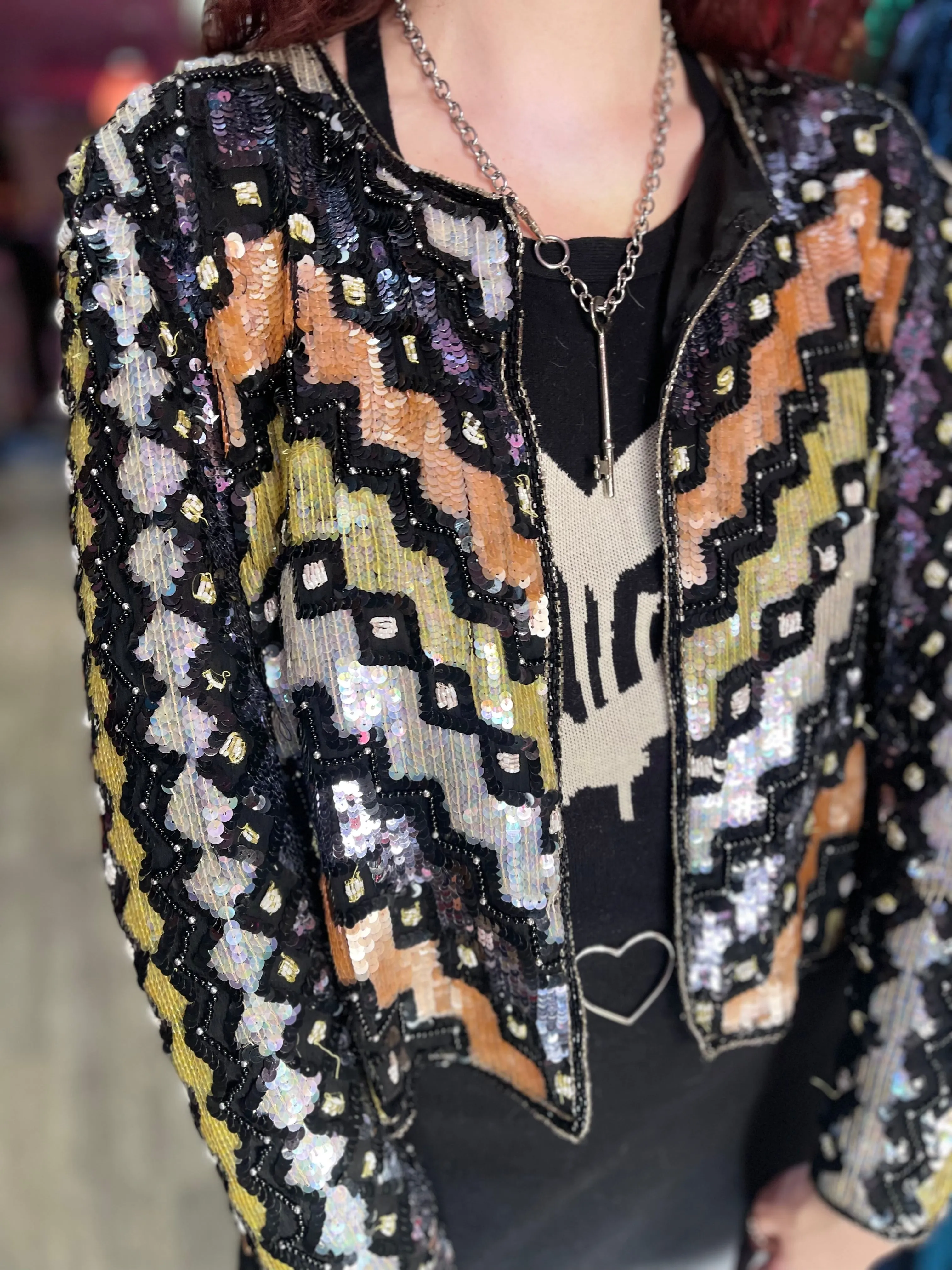 Vintage 90s Geometric Zig Zag Sequin Bolero Jacket