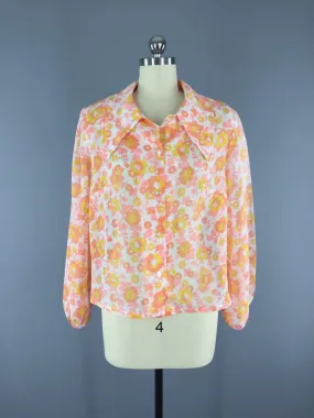 Vintage Blouse / Floral Print Cotton Voile