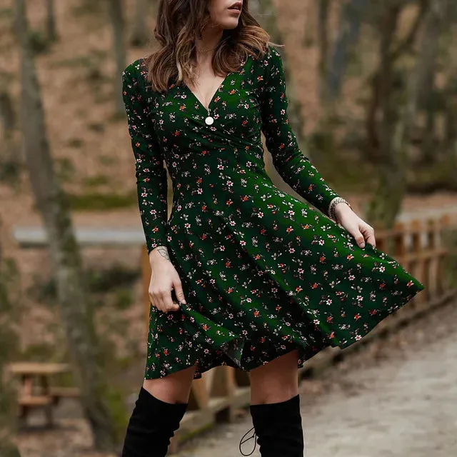 Vintage Floral V-Neck Swing Dress