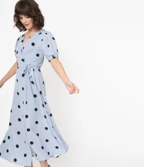 Vintage Style Dusty Blue & Black Polka Dots Wrap Dress