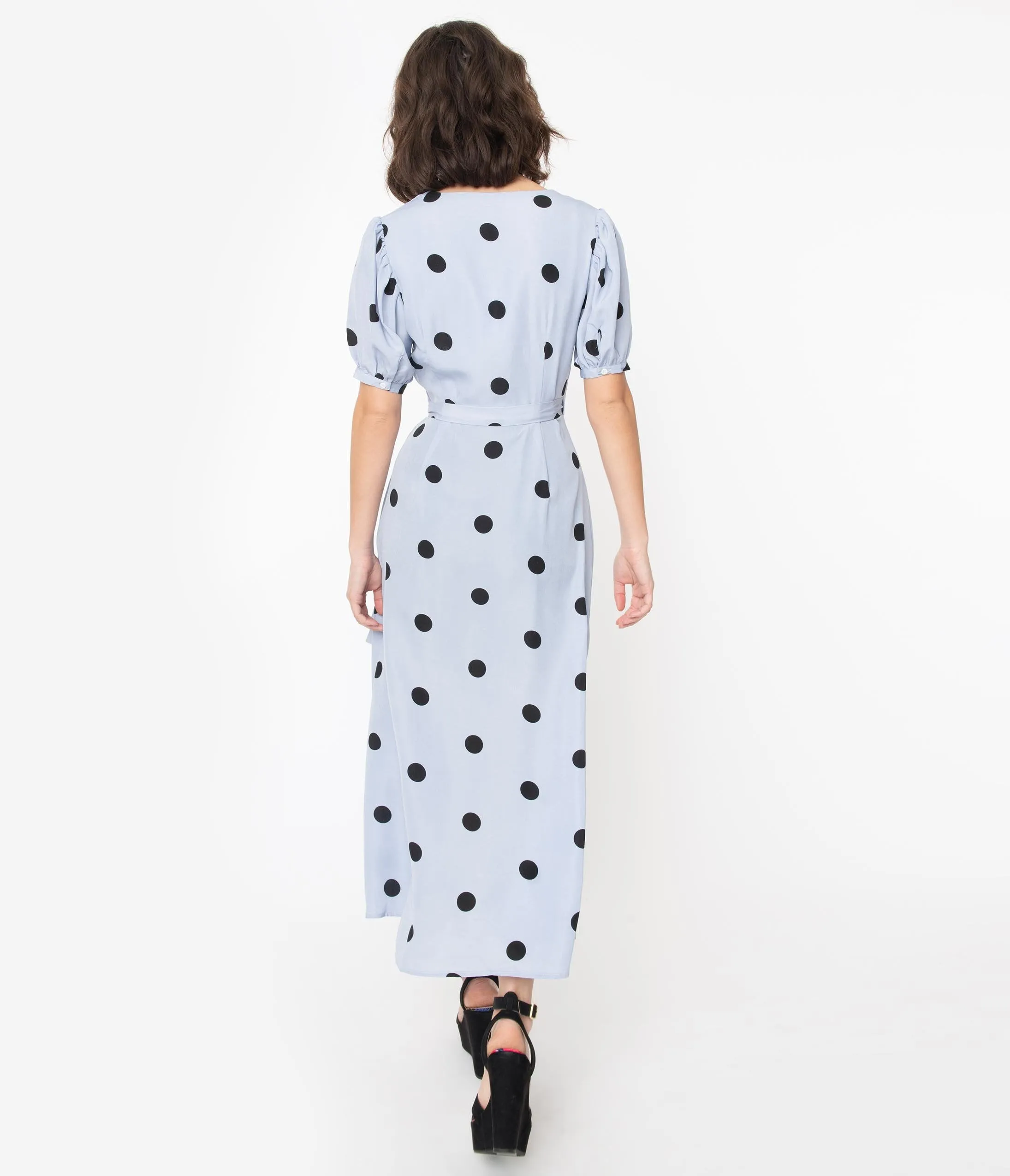 Vintage Style Dusty Blue & Black Polka Dots Wrap Dress