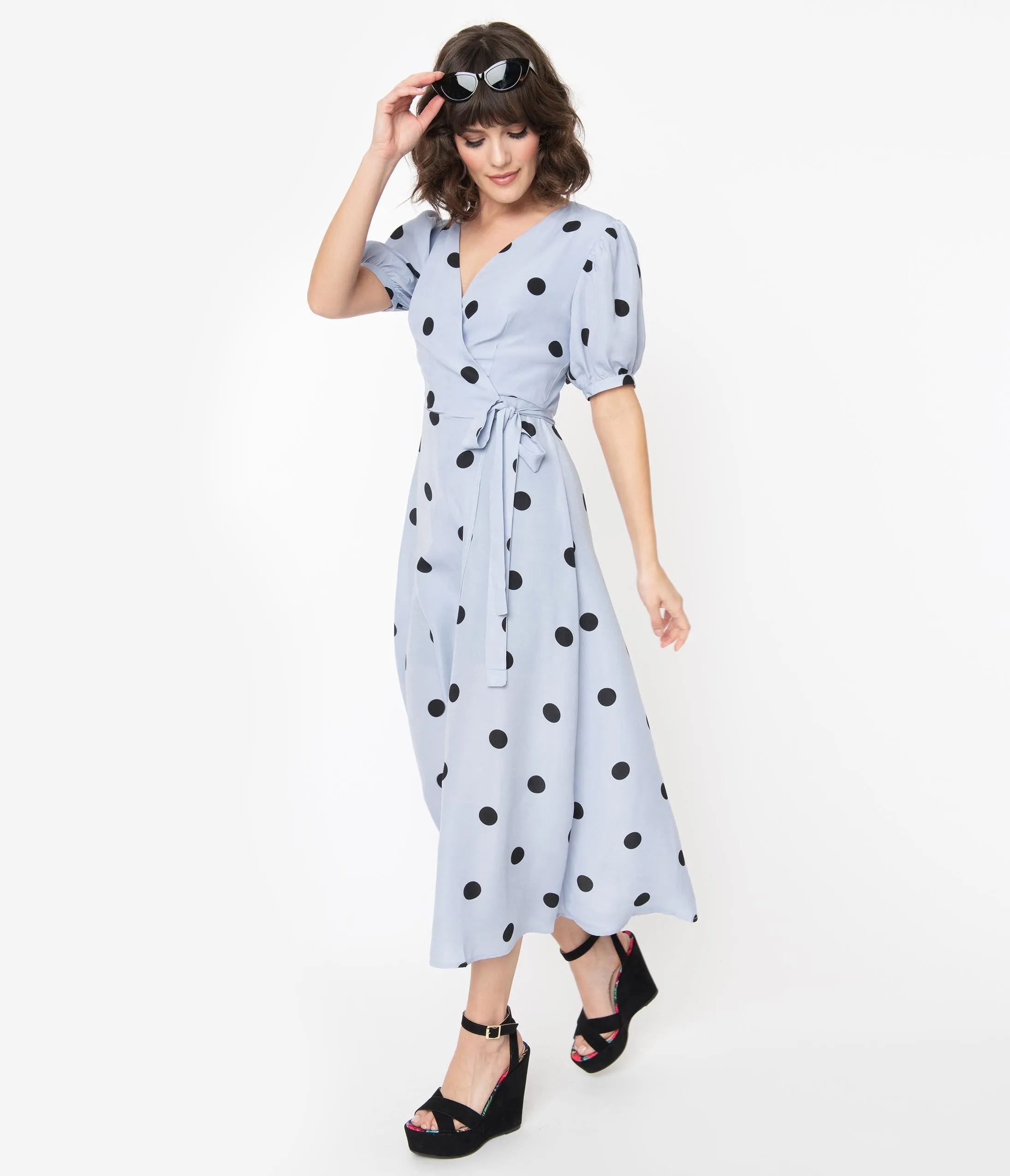 Vintage Style Dusty Blue & Black Polka Dots Wrap Dress