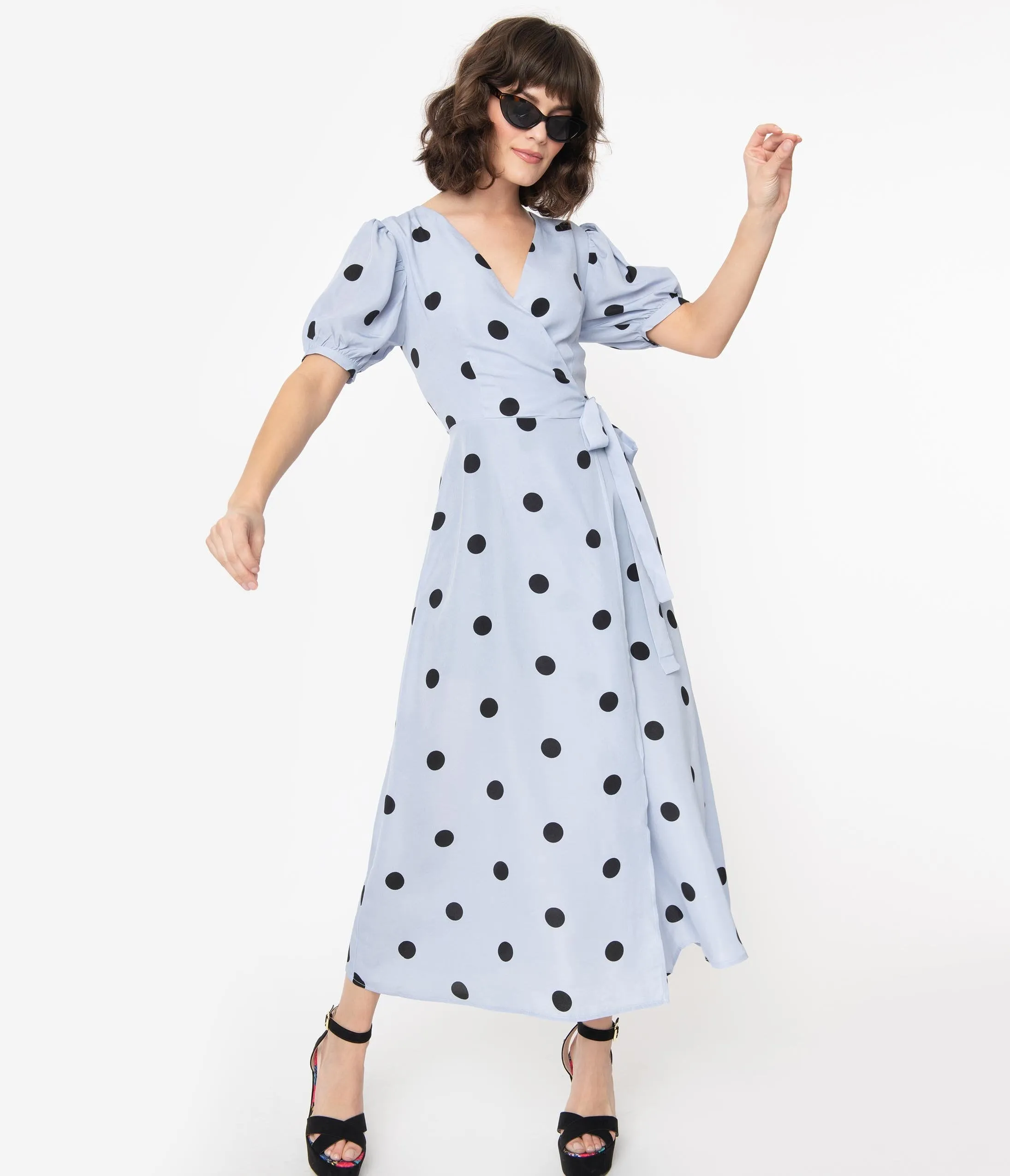 Vintage Style Dusty Blue & Black Polka Dots Wrap Dress