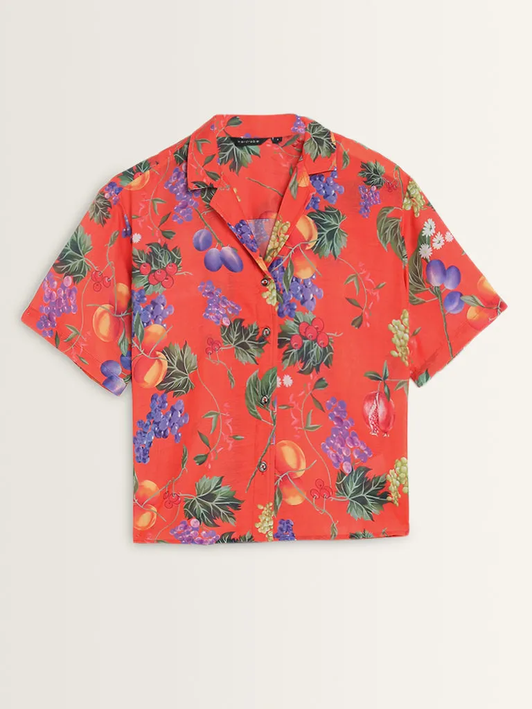 Wardrobe Red Foliage Design Shirt with Camisole